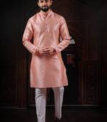 Pink color smart and ethnic woven textured kurta payjama for mens' ethnic looks