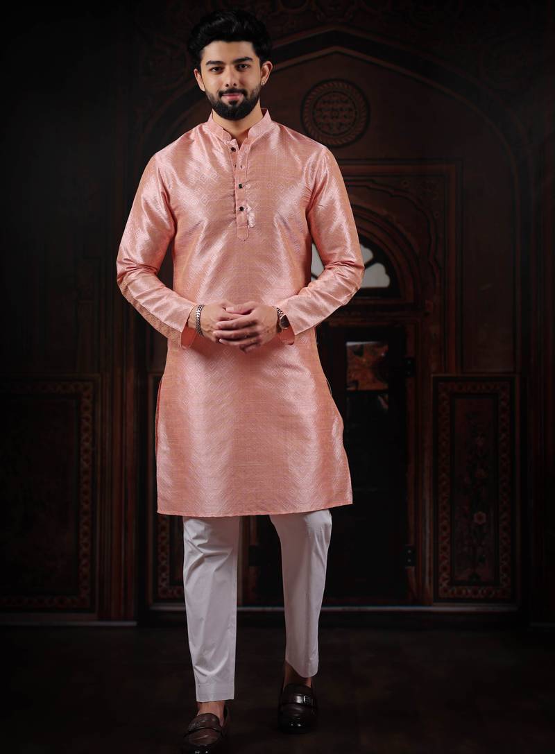 Pink color smart and ethnic woven textured kurta payjama for mens' ethnic looks