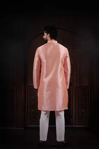 Pink color smart and ethnic woven textured kurta payjama for mens' ethnic looks