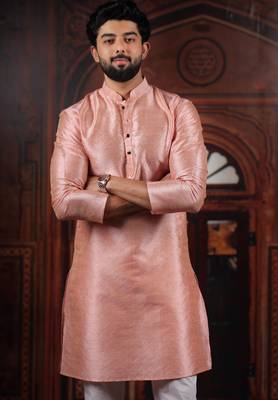 Pink color smart and ethnic woven textured kurta payjama for mens' ethnic looks 3