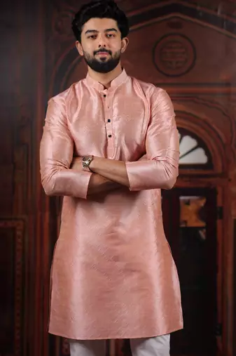 Pink color smart and ethnic woven textured kurta payjama for mens' ethnic looks