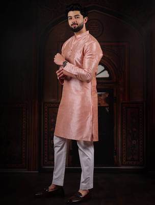 Pink color smart and ethnic woven textured kurta payjama for mens' ethnic looks 4