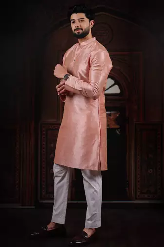 Pink color smart and ethnic woven textured kurta payjama for mens' ethnic looks