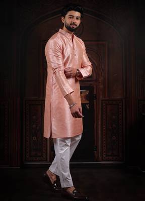 Pink color smart and ethnic woven textured kurta payjama for mens' ethnic looks 5
