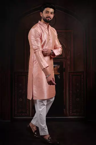 Pink color smart and ethnic woven textured kurta payjama for mens' ethnic looks