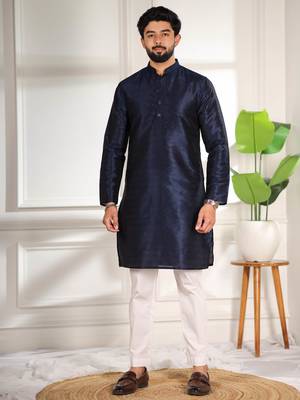Blue color smart and ethnic woven textured kurta payjama for mens' ethnic looks 1