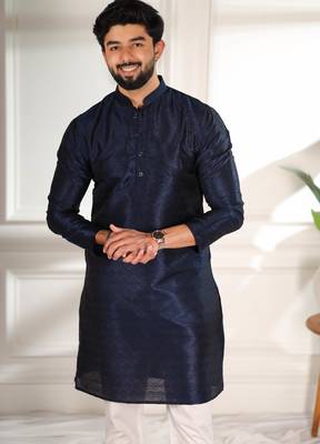 Blue color smart and ethnic woven textured kurta payjama for mens' ethnic looks 3