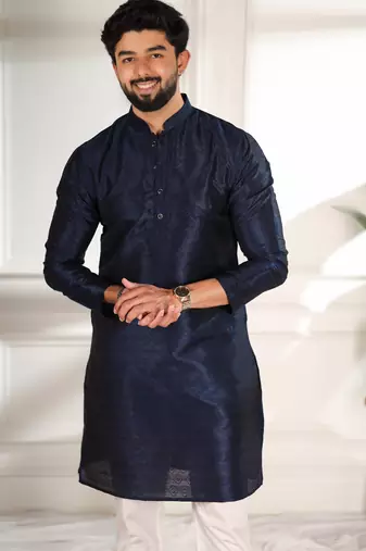 Blue color smart and ethnic woven textured kurta payjama for mens' ethnic looks