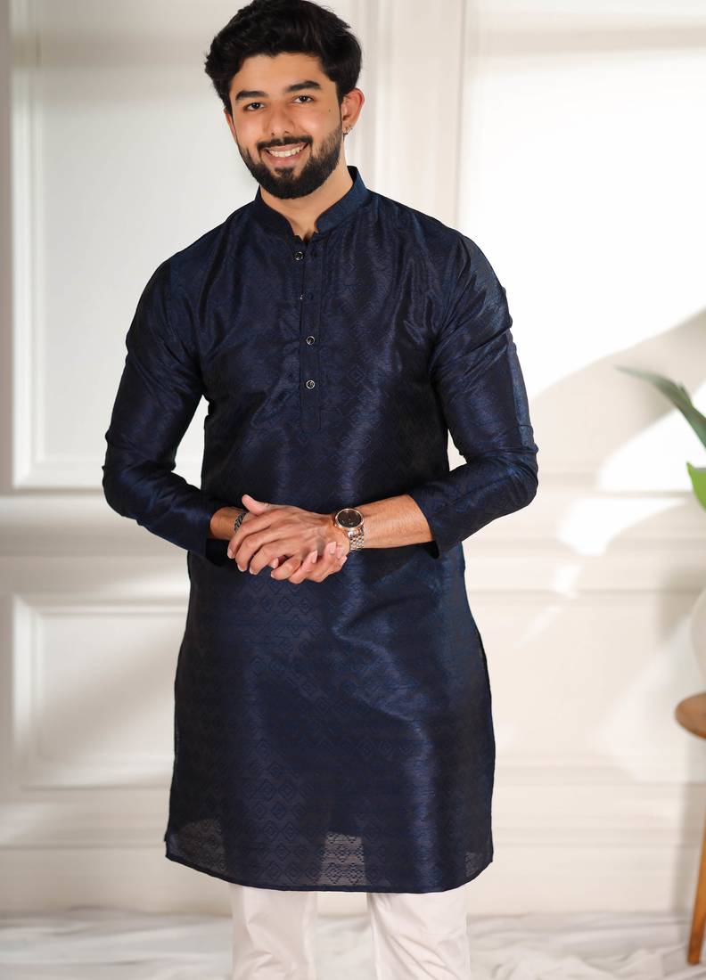Blue color smart and ethnic woven textured kurta payjama for mens' ethnic looks