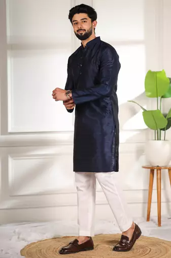 Blue color smart and ethnic woven textured kurta payjama for mens' ethnic looks