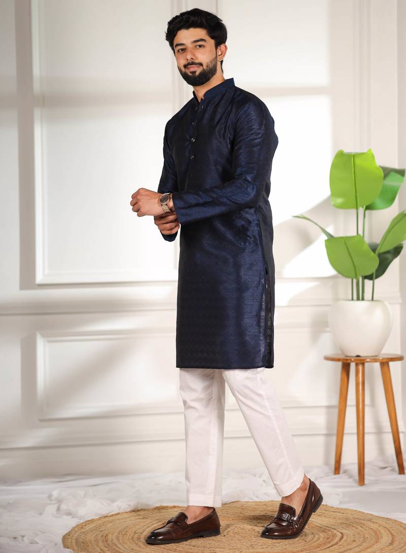 Blue color smart and ethnic woven textured kurta payjama for mens' ethnic looks