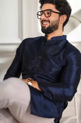 Blue color smart and ethnic woven textured kurta payjama for mens' ethnic looks