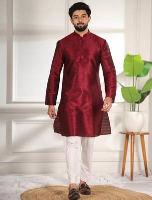 Maroon color smart and ethnic woven textured kurta payjama for mens' ethnic looks 1