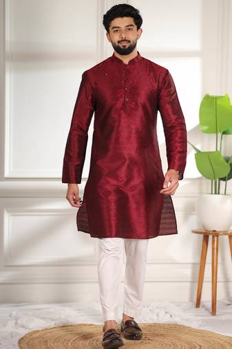 Maroon color smart and ethnic woven textured kurta payjama for mens' ethnic looks