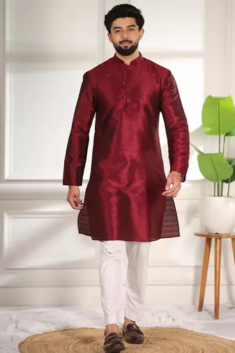 Maroon color smart and ethnic woven textured kurta payjama for mens' ethnic looks