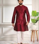 Maroon color smart and ethnic woven textured kurta payjama for mens' ethnic looks