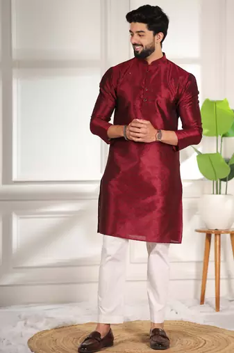 Maroon color smart and ethnic woven textured kurta payjama for mens' ethnic looks