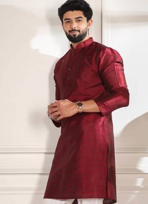 Maroon color smart and ethnic woven textured kurta payjama for mens' ethnic looks 3