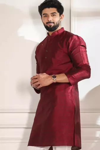 Maroon color smart and ethnic woven textured kurta payjama for mens' ethnic looks