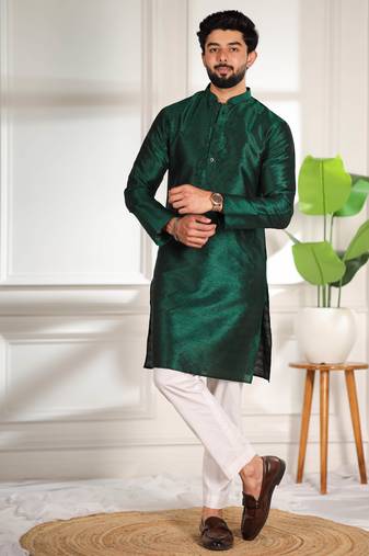 Green color smart and ethnic woven textured kurta payjama for mens' ethnic looks