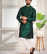 Green color smart and ethnic woven textured kurta payjama for mens' ethnic looks
