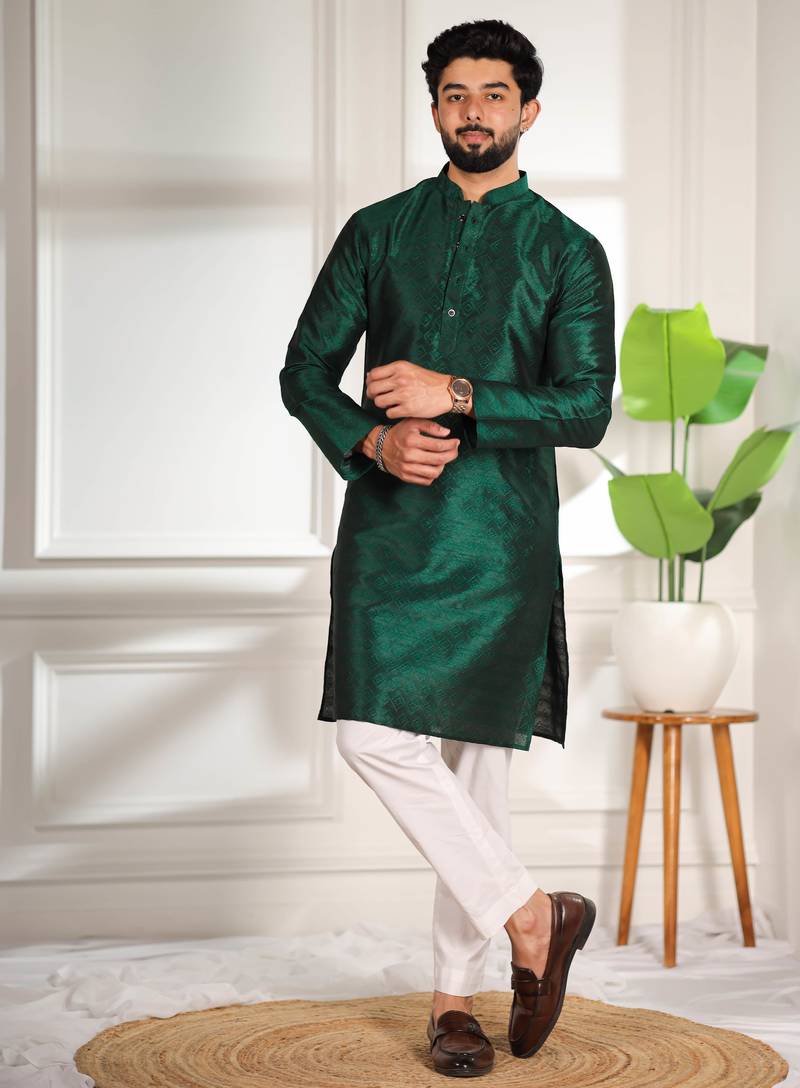 Green color smart and ethnic woven textured kurta payjama for mens' ethnic looks