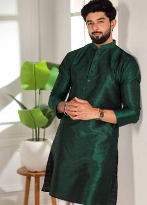 Green color smart and ethnic woven textured kurta payjama for mens' ethnic looks 3