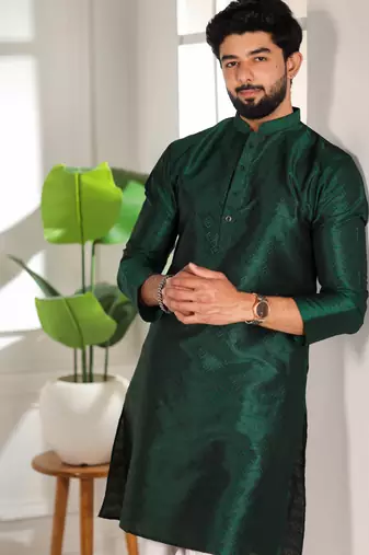 Green color smart and ethnic woven textured kurta payjama for mens' ethnic looks