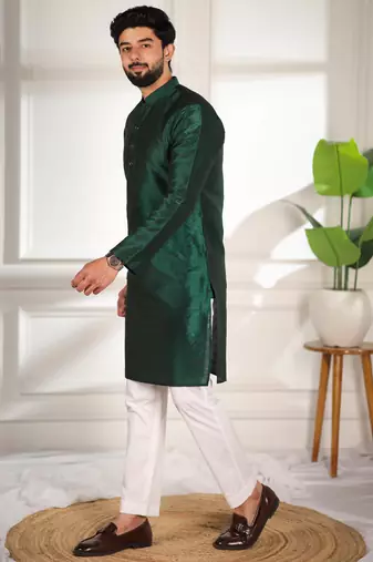 Green color smart and ethnic woven textured kurta payjama for mens' ethnic looks