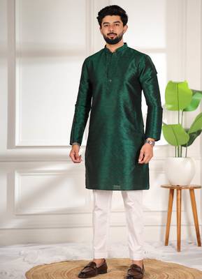 Green color smart and ethnic woven textured kurta payjama for mens' ethnic looks 5