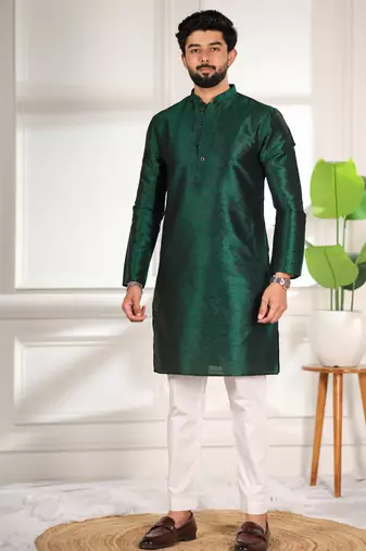 Green color smart and ethnic woven textured kurta payjama for mens' ethnic looks
