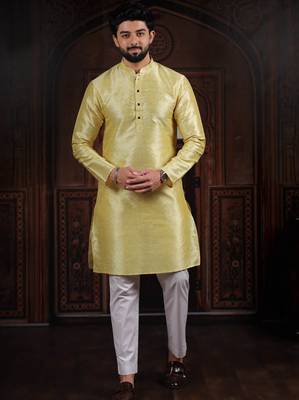 Lemon color smart and ethnic woven textured kurta payjama for mens' ethnic looks 1