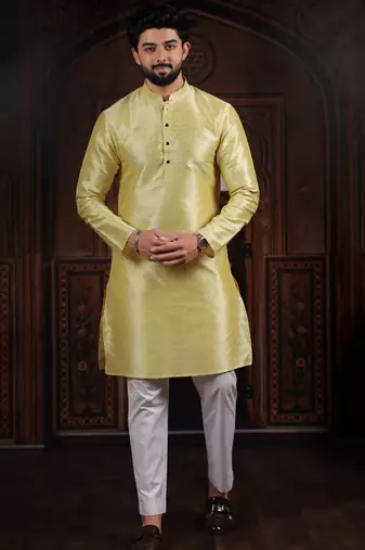 Lemon color smart and ethnic woven textured kurta payjama for mens' ethnic looks