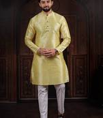 Lemon color smart and ethnic woven textured kurta payjama for mens' ethnic looks