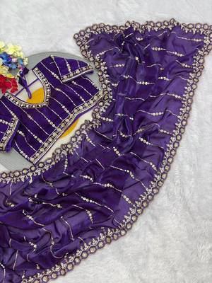 Purple Color HandWork And Sequence Work Satin Saree 2