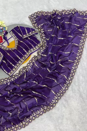 Purple Color HandWork And Sequence Work Satin Saree