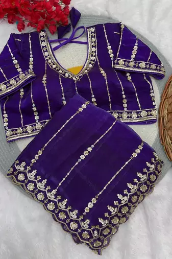 Purple Color HandWork And Sequence Work Satin Saree
