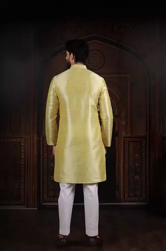 Lemon color smart and ethnic woven textured kurta payjama for mens' ethnic looks