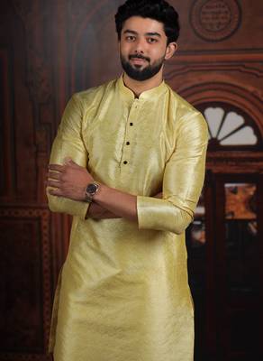 Lemon color smart and ethnic woven textured kurta payjama for mens' ethnic looks 3