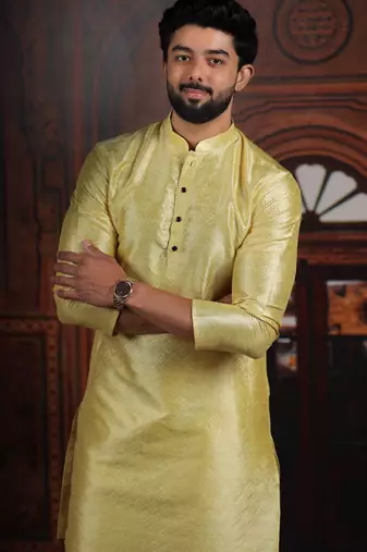 Lemon color smart and ethnic woven textured kurta payjama for mens' ethnic looks