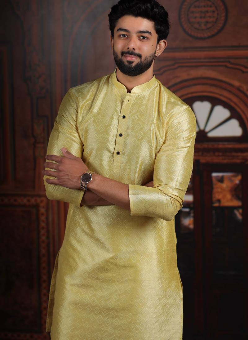 Lemon color smart and ethnic woven textured kurta payjama for mens' ethnic looks