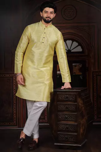 Lemon color smart and ethnic woven textured kurta payjama for mens' ethnic looks