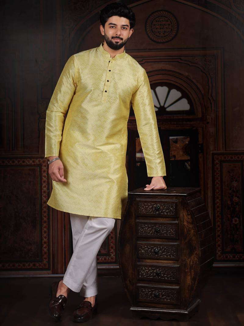 Lemon color smart and ethnic woven textured kurta payjama for mens' ethnic looks