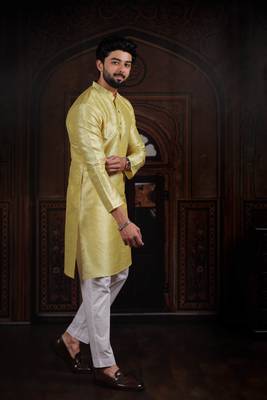 Lemon color smart and ethnic woven textured kurta payjama for mens' ethnic looks 5