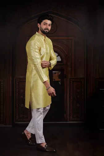 Lemon color smart and ethnic woven textured kurta payjama for mens' ethnic looks