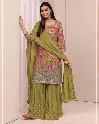 Green real chinon sharara salwar suit collection 1