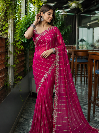 Rani Pink Color HandWork And Sequence Work Satin Saree