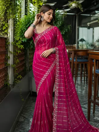 Rani Pink Color HandWork And Sequence Work Satin Saree