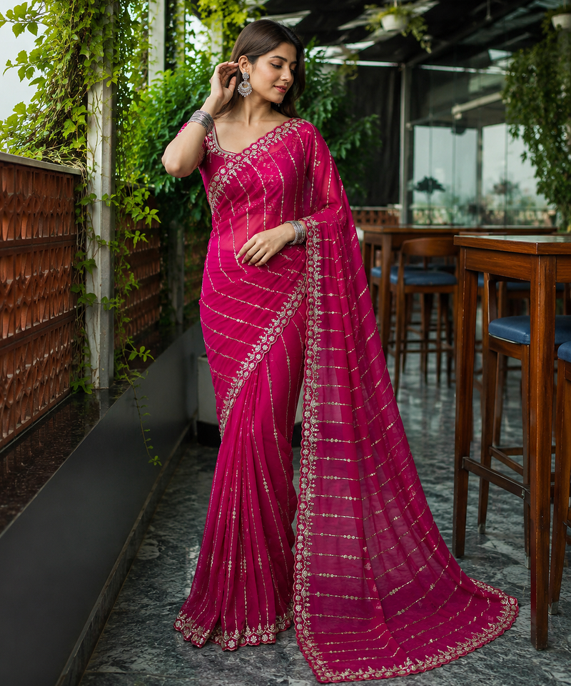 Rani Pink Color HandWork And Sequence Work Satin Saree