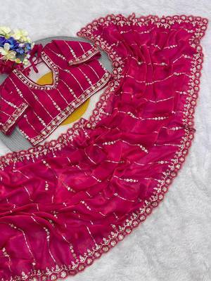 Rani Pink Color HandWork And Sequence Work Satin Saree 2